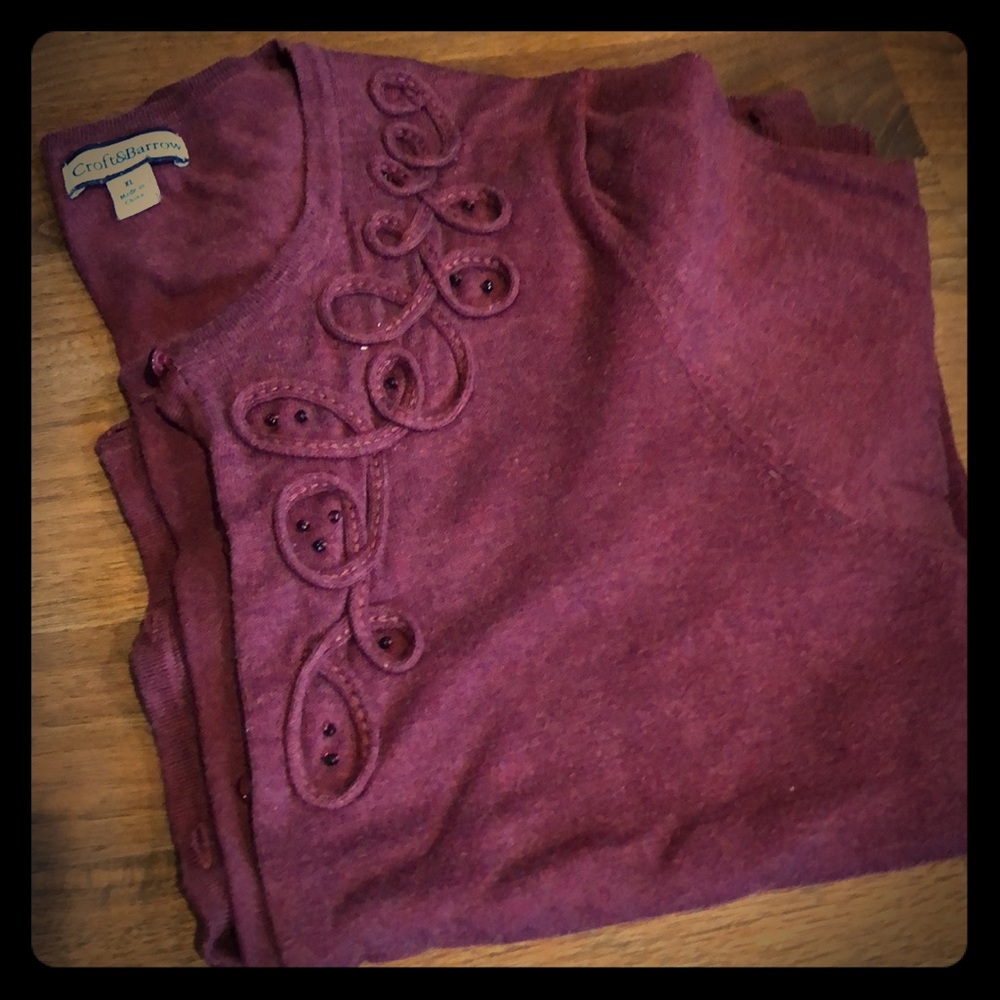 Berry-Colored Cardigan with Bead Details.